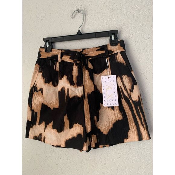 Le’AL.X Pants - NWT Le’ AL.X Black & Tan Abstract Tie-Waist Shorts Pockets Size 0